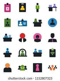 Color and black flat icon set - female vector, reception, manager, identity card, place, patient, user, desk, estate agent, pass, group