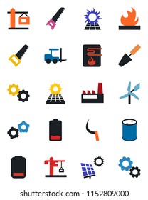 Color and black flat icon set - fork loader vector, gear, trowel, saw, sickle, flammable, oil barrel, low battery, sun panel, crane, factory, water heater, windmill
