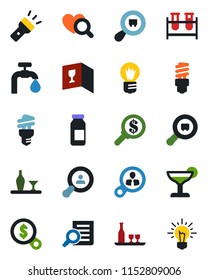 Color and black flat icon set - document search vector, bulb, blood test vial, heart diagnostic, ampoule, cargo, torch, water supply, client, alcohol, wine card, cocktail, energy saving, consumer