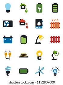 Color and black flat icon set - bulb vector, battery, rca, charge, desk lamp, heater, air conditioner, home control, water, radiator, warm floor, energy saving, windmill, idea
