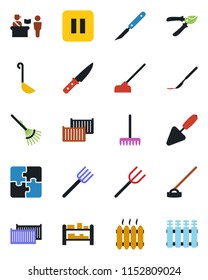 Color and black flat icon set - passport control vector, trowel, farm fork, rake, pruner, hoe, scalpel, cargo container, rack, pause button, application, heater, ladle, knife, radiator