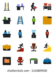 Color and black flat icon set - manager vector, desk, place, ladder, folder, career, cook, office chair, case