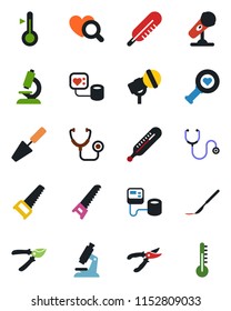 Color and black flat icon set - trowel vector, pruner, saw, stethoscope, blood pressure, thermometer, heart diagnostic, microscope, scalpel, microphone