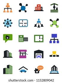 Color and black flat icon set - hierarchy vector, well, molecule, hospital, office building, garage, plan, home message