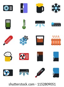 Color and black flat icon set - thermometer vector, heater, air conditioner, fridge, drink, beer, snowflake