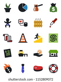 Color and black flat icon set - baby vector, border cone, contract, money bag, seedling, blood pressure, dropper, store, sea port, flame disk, pie graph, tie, career ladder, heater, steak