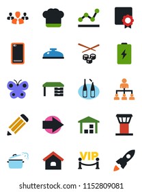 Color and black flat icon set - airport tower vector, right arrow, hierarchy, desk, pencil, butterfly, ampoule, warehouse, phone back, sertificate, point graph, house, cook hat, reception, vip zone