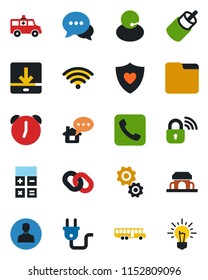 Color and black flat icon set - airport bus vector, calculator, ambulance car, heart shield, support, dialog, chain, rca, call, user, alarm, folder, download, wireless, cafe building, power plug