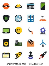 Color and black flat icon set - stamp vector, plane, office binder, notebook pc, sickle, 24 hours, term, network, cell phone, speaker, paper clip, serviette, warm floor, home protect, sun panel