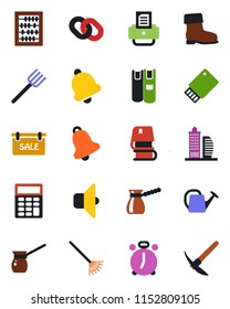 Color and black flat icon set - alarm clock vector, abacus, printer, farm fork, rake, watering can, boot, chain, bell, calculator, book, sale, office building, turkish coffee, sound, usb flash