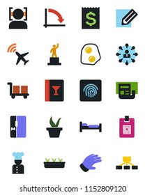 Color and black flat icon set - plane radar vector, bed, hierarchy, pedestal, crisis graph, pencil, seedling, glove, receipt, cargo, face id, fingerprint, news, identity card, fridge, cook, wine
