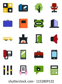 Color And Black Flat Icon Set - Airport Bus Vector, Office Building, Case, Document, Tree, Settings, Cell Phone, Mobile, Application, Copybook, Fireplace, Intercome, Sound, Eye Scan, Door, Chair