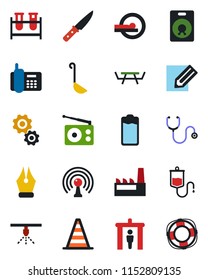 Color and black flat icon set - security gate vector, border cone, pencil, picnic table, stethoscope, blood test vial, dropper, tomography, office phone, radio, antenna, speaker, battery, ink pen