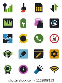 Color and black flat icon set - phone vector, no mobile, settings, themes, clock, scanner, sd, sim, notes, data exchange, torch, compass, fingerprint id, cellular signal, charge, application, update