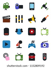 Color and black flat icon set - tv vector, clapboard, microphone, radio, satellite, loudspeaker, gamepad, settings, video camera, cell phone, touch screen, group, low battery, play button, rec