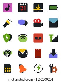 Color and black flat icon set - phone back vector, message, protect, clock, bell, mail, record, sim, calendar, download, wireless, torch, fingerprint id, music, video, cellular signal, battery
