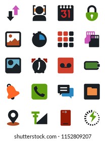 Color and black flat icon set - phone back vector, call, menu, message, gallery, alarm, stopwatch, bell, record, sd, folder, calendar, data exchange, place tag, lock, face id, cellular signal