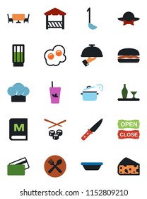 Color and black flat icon set - alcohol vector, cafe, cook hat, menu, drink, phyto bar, waiter, table, dress code, open close, alcove, credit card, hamburger, ladle, bowl, knife, steaming pan, sushi