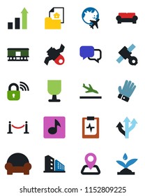 Color and black flat icon set - fence vector, arrival, plane globe, growth statistic, glove, pulse clipboard, route, navigation, satellite, fragile, railroad, dialog, music, estate document