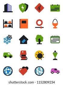 Color and black flat icon set - luggage storage vector, office building, pennant, tree, sun, heart, network, protect, brightness, calendar, copybook, book, smart home, egg stand, snowflake, car