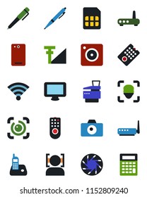 Color and black flat icon set - camera vector, monitor, radio phone, back, mobile, sim, wireless, face id, eye, cellular signal, copier, pen, remote control, router, calculator