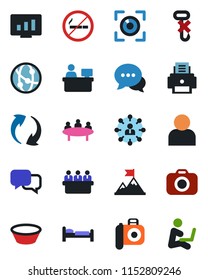 Color and black flat icon set - no smoking vector, bed, hierarchy, meeting, manager place, statistic monitor, hook, camera, network, dialog, update, user, printer, bowl, eye scan, motivation