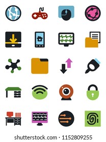 Color and black flat icon set - lock vector, mouse, desk, monitor pulse, folder document, gamepad, network, share, hdmi, data exchange, download, wireless, web camera, home control app, fingerprint