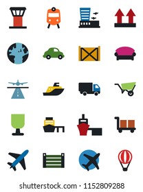 Color and black flat icon set - plane vector, airport tower, runway, train, waiting area, building, wheelbarrow, earth, sea shipping, car delivery, port, container, fragile, cargo, up side sign