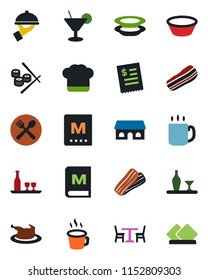 Color and black flat icon set - cafe vector, coffee, alcohol, cook hat, menu, cocktail, plates, bacon, waiter, building, restaurant receipt, chicken, bowl, sushi, serviette
