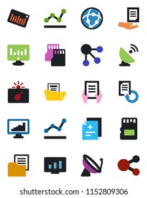 Color and black flat icon set - satellite antenna vector, bomb in case, document, statistic monitor, reload, diagnosis, folder, barcode, sd, network, statistics, point graph, social media