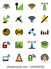 Color and black flat icon set - antenna vector, wireless notebook, border cone, radar, satellite, equalizer, mute, cellular signal, lock