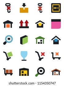 Color and black flat icon set - fragile vector, cargo, warehouse storage, up side sign, no trolley, hook, package, search, scanner, blank box