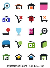Color and black flat icon set - bird house vector, fragile, cargo, warehouse storage, no trolley, heavy scales, search, radio, blank box, archive, garage gate control
