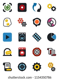 Color and black flat icon set - ticket office vector, washer, gear, contract, circle chart, stamp, pills blister, play button, rec, update, eye id, pie graph, target, omelette