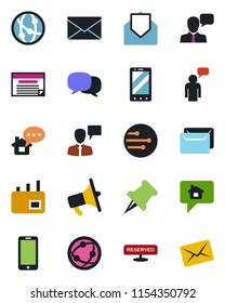 Color and black flat icon set - mobile phone vector, speaking man, mail, loudspeaker, network, speaker, paper pin, message, reserved, home, schedule
