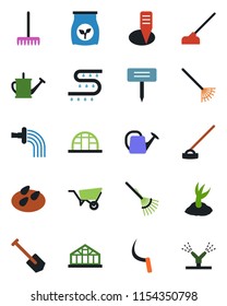 Color and black flat icon set - job vector, rake, watering can, wheelbarrow, sproute, hoe, sickle, plant label, greenhouse, seeds, fertilizer, drip irrigation