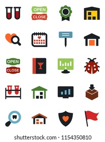 Color and black flat icon set - statistic monitor vector, lady bug, plant label, blood test vial, heart diagnostic, shield, medical calendar, warehouse, package, search cargo, sertificate, wine card