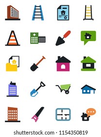 Color and black flat icon set - border cone vector, office building, trowel, shovel, ladder, wheelbarrow, saw, house, hospital, with garage, plan, estate document, city, home message