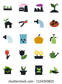 Color and black flat icon set - factory vector, seedling, watering can, sproute, pruner, pumpkin, seeds, garden sprayer, fertilizer, tulip, flower in pot, eco house, palm