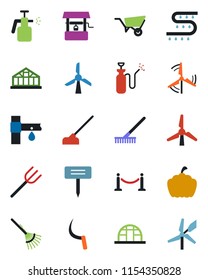 Color and black flat icon set - fence vector, farm fork, rake, wheelbarrow, well, hoe, sickle, plant label, pumpkin, greenhouse, garden sprayer, drip irrigation, windmill