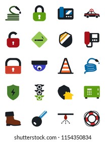 Color and black flat icon set - smoking place vector, alarm car, border cone, safe, boot, hose, traffic light, shield, protect, lock, key, intercome, home, surveillance, sprinkler, crisis management