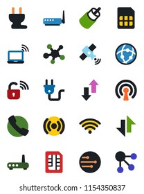 Color and black flat icon set - wireless notebook vector, satellite, share, rca, call, sim, network, data exchange, power plug, lock, router, social media