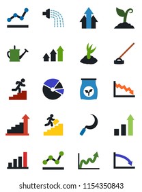 Color and black flat icon set - growth statistic vector, watering can, sproute, hoe, sickle, fertilizer, bar graph, pie, point, career ladder, arrow up, crisis