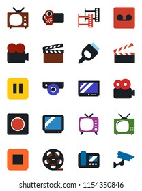 Color and black flat icon set - clapboard vector, film frame, reel, tv, video camera, pause button, stop, hdmi, record, web, intercome, surveillance