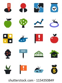 Color and black flat icon set - seedling vector, plant label, greenhouse, pond, fertilizer, important flag, application, point graph, fruit tree, estate agent, apple, eco house, money bag
