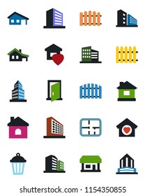Color and black flat icon set - office building vector, fence, house, garden light, store, with garage, plan, sweet home, door