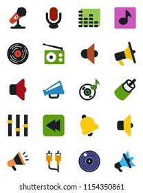 Color and black flat icon set - vinyl vector, microphone, radio, speaker, loudspeaker, settings, equalizer, rewind, rca, bell, music, sound, advertising
