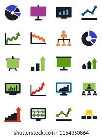 Color and black flat icon set - growth statistic vector, hierarchy, presentation board, monitor, circle chart, pulse, statistics, pie graph, point, arrow up, crisis