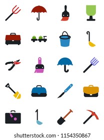 Color and black flat icon set - suitcase vector, baggage larry, job, shovel, farm fork, bucket, pruner, scalpel, fragile, umbrella, themes, case, ladle, hard work