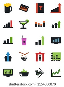 Color and black flat icon set - security gate vector, growth statistic, monitor, barcode, equalizer, statistics, bar graph, wine card, cocktail, phyto, beer, salad, sushi, arrow up